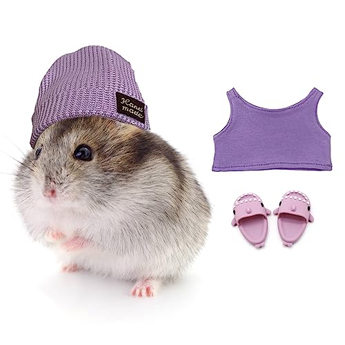 KnocKconK Hamster-Kostüm-Set mit Hemd, Hut, Schuhen, kleine Tiere, niedlicher Hai-Hausschuh für echte Haustiere, niedliche Mini-Ratte, Urlaub, Partykleidung, für Spaß, Fotos (Lila) von KnocKconK