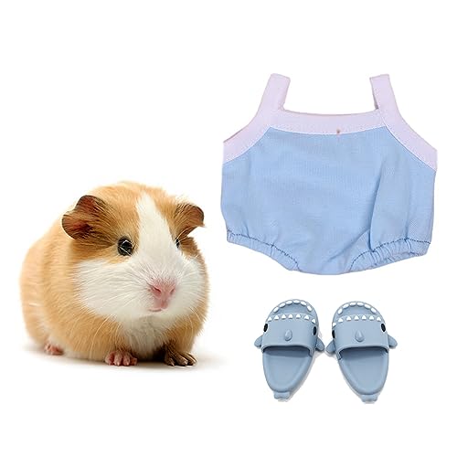 KnocKconK Hamster Kostüm Set mit Hemd, Hut, Schuhen, Kleintier-niedlicher Hai-Hausschuh für echte Haustiere, niedliche Mini-Ratten-Urlaubsparty-Kleidung, für Spaß, Fotos.(Größe M, Blauer Overalls) von KnocKconK