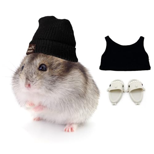 KnocKconK Hamster-Kostüm-Set mit Hemd, Hut, Schuhen, kleine Tiere, niedlicher Hai-Hausschuh für echte Haustiere, niedliche Mini-Ratte, Urlaub, Partykleidung, für Spaß, Fotos (schwarz) von KnocKconK