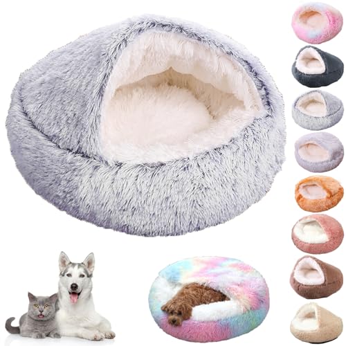 Knubbuf Lapcatz Nest Bed, Cat Nest Bed, Lapcatz Bed, Cat Bed Round Plush Fluffy Hooded Calming Cat Bed Cave, Winter Cozy Pet Bed for Indoor Cats Cave & Calming Dog Beds (Blue, S) von Knubbuf