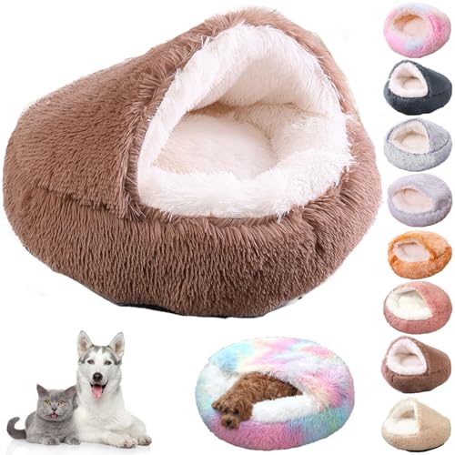 Knubbuf Lapcatz Nest Bed, Cat Nest Bed, Lapcatz Bed, Cat Bed Round Plush Fluffy Hooded Calming Cat Bed Cave, Winter Cozy Pet Bed for Indoor Cats Cave & Calming Dog Beds (Brown, S) von Knubbuf