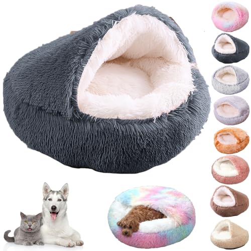 Knubbuf Lapcatz Nest Bed, Cat Nest Bed, Lapcatz Bed, Cat Bed Round Plush Fluffy Hooded Calming Cat Bed Cave, Winter Cozy Pet Bed for Indoor Cats Cave & Calming Dog Beds (Dark Grey, S) von Knubbuf