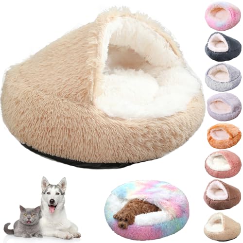 Knubbuf Lapcatz Nest Bed, Cat Nest Bed, Lapcatz Bed, Cat Bed Round Plush Fluffy Hooded Calming Cat Bed Cave, Winter Cozy Pet Bed for Indoor Cats Cave & Calming Dog Beds (Khaki, S) von Knubbuf