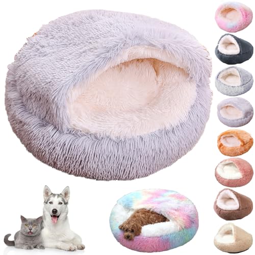 Knubbuf Lapcatz Nest Bed, Cat Nest Bed, Lapcatz Bed, Cat Bed Round Plush Fluffy Hooded Calming Cat Bed Cave, Winter Cozy Pet Bed for Indoor Cats Cave & Calming Dog Beds (Light Grey, S) von Knubbuf