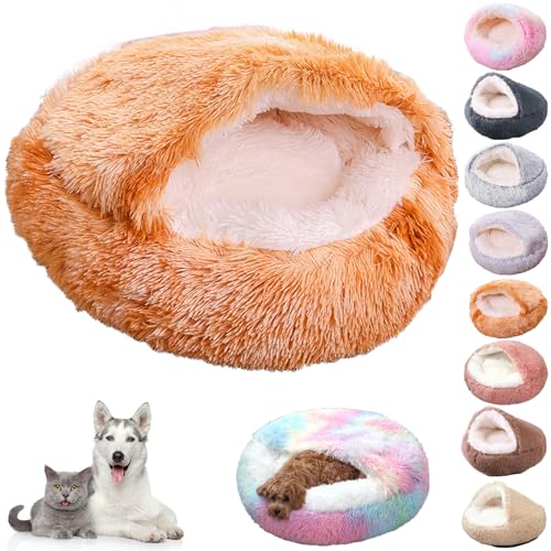 Knubbuf Lapcatz Nest Bed, Cat Nest Bed, Lapcatz Bed, Cat Bed Round Plush Fluffy Hooded Calming Cat Bed Cave, Winter Cozy Pet Bed for Indoor Cats Cave & Calming Dog Beds (Orange, S) von Knubbuf