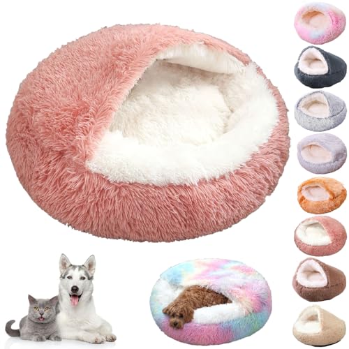 Knubbuf Lapcatz Nest Bed, Cat Nest Bed, Lapcatz Bed, Cat Bed Round Plush Fluffy Hooded Calming Cat Bed Cave, Winter Cozy Pet Bed for Indoor Cats Cave & Calming Dog Beds (Pink, S) von Knubbuf