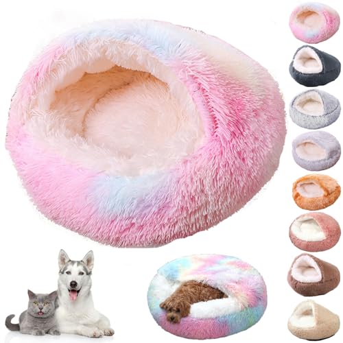 Knubbuf Lapcatz Nest Bed, Cat Nest Bed, Lapcatz Bed, Cat Bed Round Plush Fluffy Hooded Calming Cat Bed Cave, Winter Cozy Pet Bed for Indoor Cats Cave & Calming Dog Beds (Rainbow, S) von Knubbuf