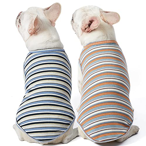 Knuffelen Hunde-Shirt, Baumwolle, gestreift, ärmellos, dehnbar, für kleine Hunde, 2er-Pack, weiche, atmungsaktive Welpenkleidung, Katzen-T-Shirt (X-Large, Blau, Gelb) von Knuffelen