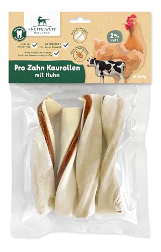 Knuffelwuff 4 x Pro Zahn Kaurolle (ca. 60 g) - Leckere Hühnerbrust und Rinderrohhaut: Belohnen Sie Ihren Hund mit gesundem Kauen für Starke Kaumuskeln - für große und kleine Hunde von Knuffelwuff