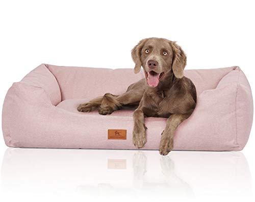 Knuffelwuff Hundebett Emma aus Velours mit feinem Handwebcharakter in Pastellfarben XXL 120 x 85cm Rosa - Abnehmbarer Bezug - leicht zu reinigen - für große, mittelgroße und kleine Hunde von Knuffelwuff