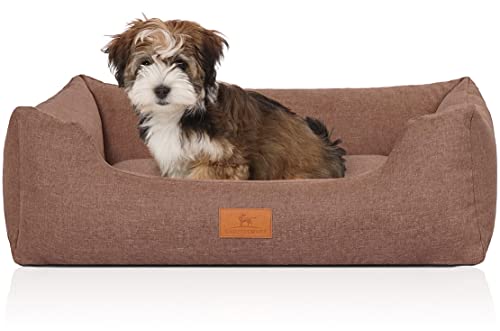 Knuffelwuff Hundebett Lotte aus Velours mit feinem Handwebcharakter M-L 85 x 63cm Lichtbraun - abnehmbarer Bezug - waschbar - für große, mittelgroße und kleine Hunde von Knuffelwuff