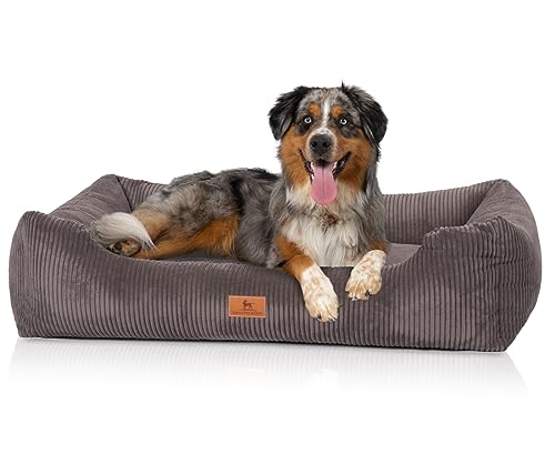 Knuffelwuff Hundebett aus Cord mit Handwebcharakter Olivia M-L 85 x 63cm Braungrau - Abnehmbarer Bezug - waschbar - für große, mittelgroße und kleine Hunde von Knuffelwuff