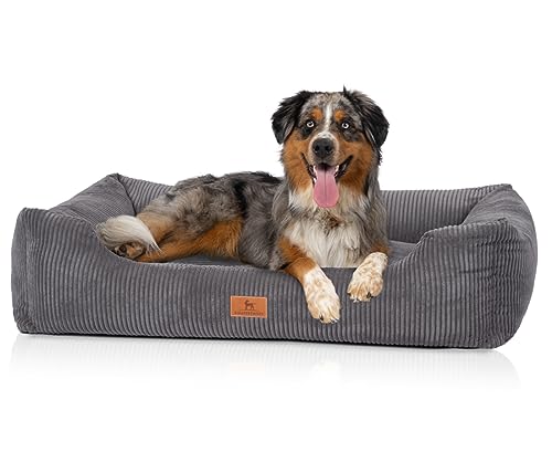 Knuffelwuff Hundebett aus Cord mit Handwebcharakter Olivia M-L 85 x 63cm Grau - Abnehmbarer Bezug - waschbar - für große, mittelgroße und kleine Hunde von Knuffelwuff