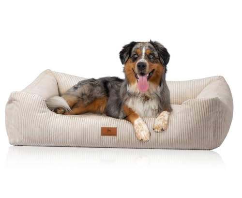 Knuffelwuff Hundebett aus Cord mit Handwebcharakter Olivia XXL 120 x 85cm Beige - Abnehmbarer Bezug - waschbar - für große, mittelgroße und kleine Hunde von Knuffelwuff