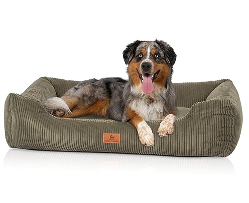 Knuffelwuff Hundebett aus Cord mit Handwebcharakter Olivia XXL 120 x 85cm Khaki - Abnehmbarer Bezug - waschbar - für große, mittelgroße und kleine Hunde von Knuffelwuff