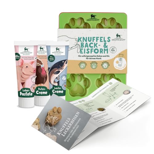 Knuffelwuff Hundekekse und Hundeeis Set mit 3 Silikonformen, Rezepten und Tubensnack Mix - Hitzebeständigkeit von -40°C bis 220°C - Perfekt für Hundetraining von Knuffelwuff