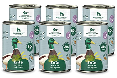 Knuffelwuff Nassfutter Hund | Ente mit Hirse & Spinat | 6 x 400g | ohne Getreide & ohne Zuckerzusätze | Hundefutter nass mit hochwertigem frischem Fleisch | für ausgewachsene Hunde von Knuffelwuff