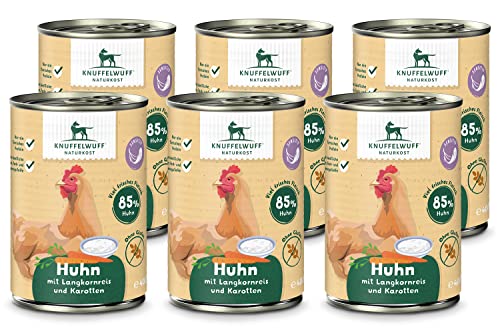 Knuffelwuff Nassfutter Hund | Hühnchen mit Langkornreis & Karotten | 6 x 400g | ohne Getreide & ohne Zuckerzusätze | Hundefutter nass mit hochwertigem frischem Fleisch | für ausgewachsene Hunde von Knuffelwuff