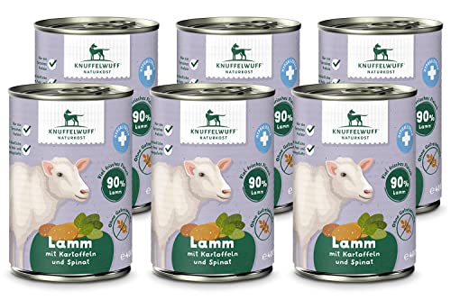 Knuffelwuff Nassfutter Hund | Lamm pur mit Kartoffeln & Spinat | 6 x 400g | ohne Getreide & ohne Zuckerzusätze | Hundefutter nass mit hochwertigem frischem Fleisch | für ausgewachsene Hunde von Knuffelwuff