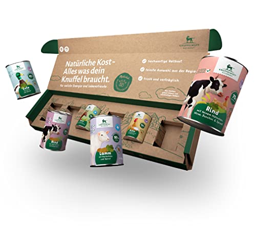 Knuffelwuff Naturkost - Probierpaket - 6 x 400g - Ente mit Hirse & Spinat - Rind mit feinem Hühnchen, Hirse, Zucchini & Spinat - Hühnchen mit Langkornreis & Karotten - Lamm mit Kartoffeln & Spinat von Knuffelwuff