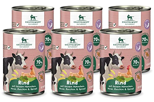 Knuffelwuff Nassfutter Hund | Rind mit feinem Hühnchen, Hirse, Zucchini & Spinat | 6 x 400g | ohne Getreide & ohne Zuckerzusätze | Hundefutter nass mit hochwertigem Fleisch | für ausgewachsene Hunde von Knuffelwuff