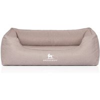 Knuffelwuff Orthopädisches Hundebett Luisa aus Velours mit feinem Handwebcharakter Sunshine Edition beige M-L von Knuffelwuff