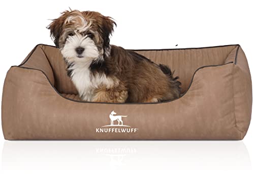 Knuffelwuff Orthopädisches Hundebett Tampa aus laser-gestepptem Kunstleder M-L 85 x 63cm Camel von Knuffelwuff