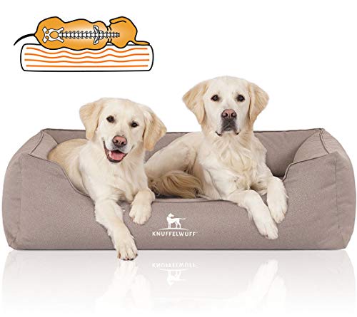 Knuffelwuff Orthopädisches Wasserabweisendes Hundebett Leon aus Velours mit Handwebcharakter XXL 120 x 85cm Beige-Grau - abnehmbarer Bezug - waschbar - für große, mittelgroße und kleine Hunde von Knuffelwuff