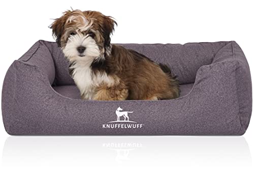 Knuffelwuff Orthopädisches Wasserabweisendes Hundebett Malou aus Velours mit Handwebcharakter M-L 85 x 63cm Grau - Abnehmbarer Bezug - waschbar - für große, mittelgroße und kleine Hunde von Knuffelwuff