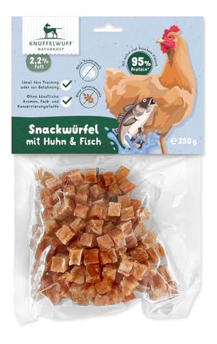 Knuffelwuff Snackwürfel mit Huhn & Fisch | Getreidefreie, proteinreiche Leckerlis für energiereiche Belohnungen und Trainingssnacks | wiederverschliessbar | für große und kleine Hunde von Knuffelwuff