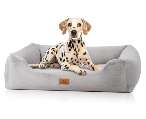 Knuffelwuff orthopädisches Hundebett aus kuschelig weichem Kaninchen Fellimitat Schnuffelupagus M-L 85 x 63cm Grau | Abnehmbarer Bezug | waschbar | für große, mittelgroße und kleine Hunde von Knuffelwuff