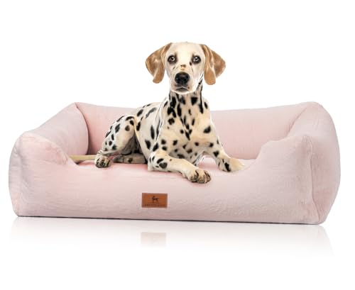 Knuffelwuff orthopädisches Hundebett aus kuschelig weichem Kaninchen Fellimitat Schnuffelupagus M-L 85 x 63cm Rosa | Abnehmbarer Bezug | waschbar | für große, mittelgroße und kleine Hunde von Knuffelwuff