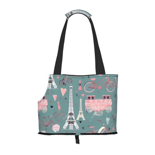 Romantische Paris Eiffelturm Bycicle Print Hundetragetasche für kleine Hunde Katzen, Anti-Spring-Hunde-Geldbörse, Haustier-Tragetasche mit großen Taschen, Outdoor-Reisen von KoNsev