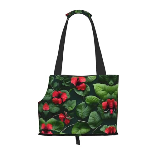 Transportbox für mittelgroße Katzen und Welpen, faltbar, weiche Seiten, für U-Bahn/Einkaufen/Wandern, Vegetationsblätter mit Hibiskusblüten-Aufdruck von KoNsev