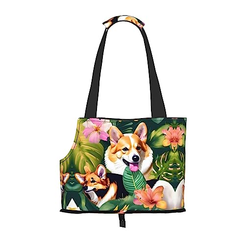 Transportbox für mittelgroße Katzen und Welpen, zusammenklappbar, weiche Seiten, für U-Bahn/Einkaufen/Wandern, tropische Blumen und Corgi-Druck von KoNsev