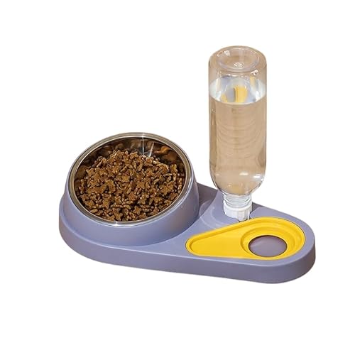 Katzennapf-Set 16° Neigbar Doppelter Futternapf für Nass- Trockenfutter, mit Automatischer Wasserflasche, für Kleine und Mittelgroße Hunde und Katzen (Lila) von König Design