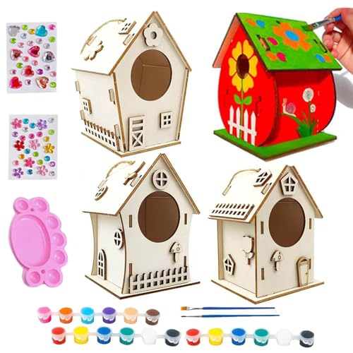 Koljkmh Vogelhaus-Bastelset für Kinder, Vogelhaus-Set aus Holz,Unvollendete Vogelhäuser zum Basteln - Mit Farbe, Pinsel, Palette und Leim-Konstruktionsset für Baum-Wanddekoration, von Koljkmh