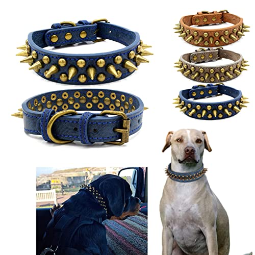 Komate Hundehalsband Leder mit Scharfen Spikes Weiches Gepolstert PU Lederhalsband für Katzen Kleine Mittelgroße Große Hunde Spike Rivet Nieten Welpenhalsband Halsband (L, Blau) von Komate