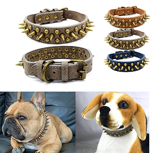 Komate Hundehalsband Leder mit Scharfen Spikes Weiches Gepolstert PU Lederhalsband für Katzen Kleine Mittelgroße Große Hunde Spike Rivet Nieten Welpenhalsband Halsband (L, Grau) von Komate