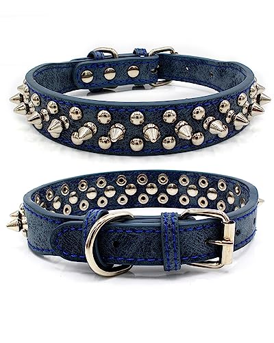 Komate Hundehalsband Leder mit Scharfen Spikes Weiches Gepolstert PU Lederhalsband für Katzen Kleine Mittelgroße Große Hunde Spike Rivet Nieten Welpenhalsband Halsband (L, Runde Nieten-Blau) von Komate