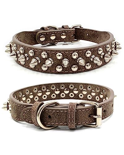 Komate Hundehalsband Leder mit Scharfen Spikes Weiches Gepolstert PU Lederhalsband für Katzen Kleine Mittelgroße Große Hunde Spike Rivet Nieten Welpenhalsband Halsband (L, Runde Nieten-Grau) von Komate