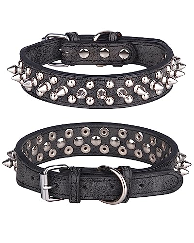 Komate Hundehalsband Leder mit Scharfen Spikes Weiches Gepolstert PU Lederhalsband für Katzen Kleine Mittelgroße Große Hunde Spike Rivet Nieten Welpenhalsband Halsband (L, Runde Nieten-Schwarz) von Komate