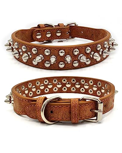 Komate Hundehalsband Leder mit Scharfen Spikes Weiches Gepolstert PU Lederhalsband für Katzen Kleine Mittelgroße Große Hunde Spike Rivet Nieten Welpenhalsband Halsband (L, Rundnieten-Braun) von Komate