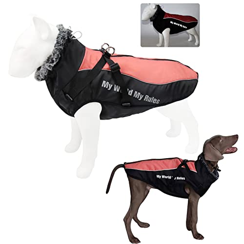 Komate Hundejacke Hundemantel Wasserdicht mit Geschirr Winter Warme Kleidung Haustier Hundeweste Reflektierend für mittelgroße große Hunde Kostüm kaltes Wetter hunderegenmantel (5XL, Rot) von Komate