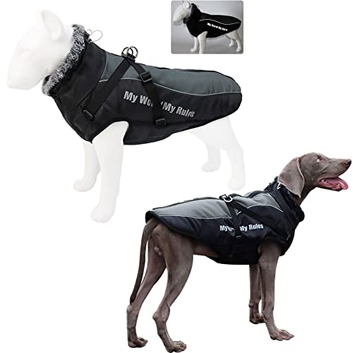 Komate Hundejacke Hundemantel Wasserdicht mit Geschirr Winter Warme Kleidung Haustier Hundeweste Reflektierend für mittelgroße große Hunde Kostüm kaltes Wetter hunderegenmantel (XL, Grau) von Komate