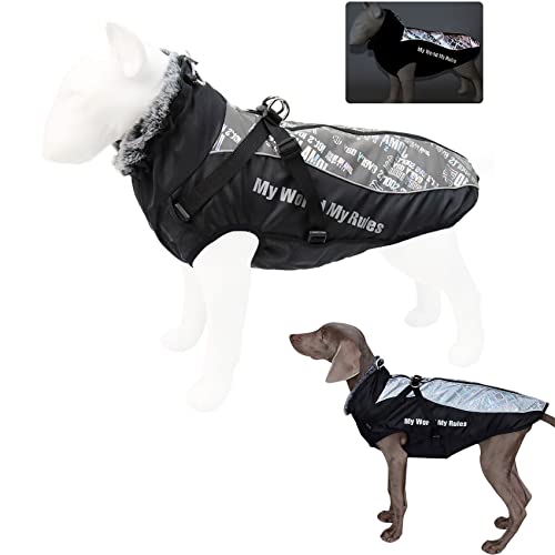 Komate Hundejacke Hundemantel Wasserdicht mit Geschirr Winter Warme Kleidung Haustier Hundeweste Reflektierend für mittelgroße große Hunde Kostüm kaltes Wetter hunderegenmantel (XXXL, Blendung Weiß) von Komate