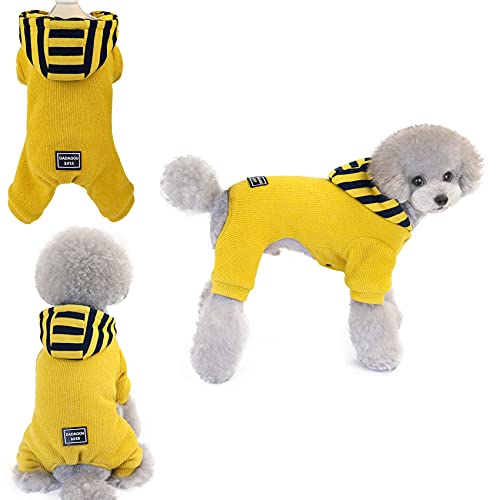 Komate Hundemantel Hundejacke Haustier Doggy Jacke Pyjama Fleece Gestreift Hunde Hoodie Hundekleidung Welpenkleidung mit Beinen Kostüm Onesies Bekleidung für kleine mittelgroße Hunde (M, Gelb) von Komate