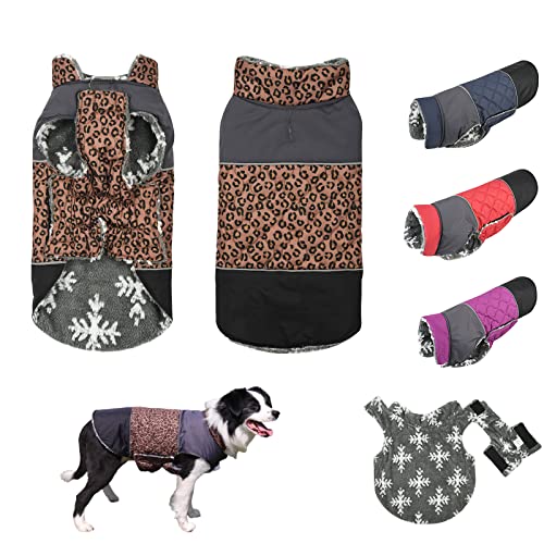 Komate Hundewintermantel Warme Fleece Hundejacke Reflektierend Wasserdicht Haustier Winterkleidung mit Geschirr Loch Passend für Kleine Mittlere Hunde (Leopard, L: Brustumfang 54-62cm) von Komate