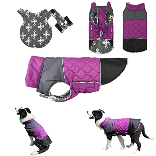 Komate Hundewintermantel Warme Fleece Hundejacke Reflektierend Wasserdicht Haustier Winterkleidung mit Geschirr Loch Passend für Kleine Mittlere Hunde (Lila, L: Brustumfang 54-62cm) von Komate