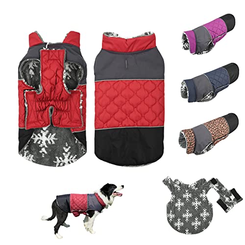 Komate Hundewintermantel Warme Fleece Hundejacke Reflektierend Wasserdicht Haustier Winterkleidung mit Geschirr Loch Passend für Kleine Mittlere Hunde (Rot, L: Brustumfang 54-62cm) von Komate